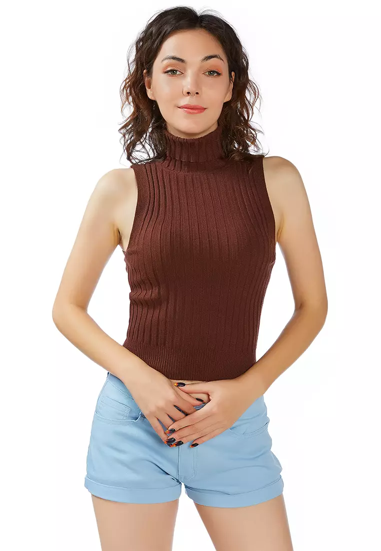 Sleeveless Rib Knit Turtle Neck Top in Brown