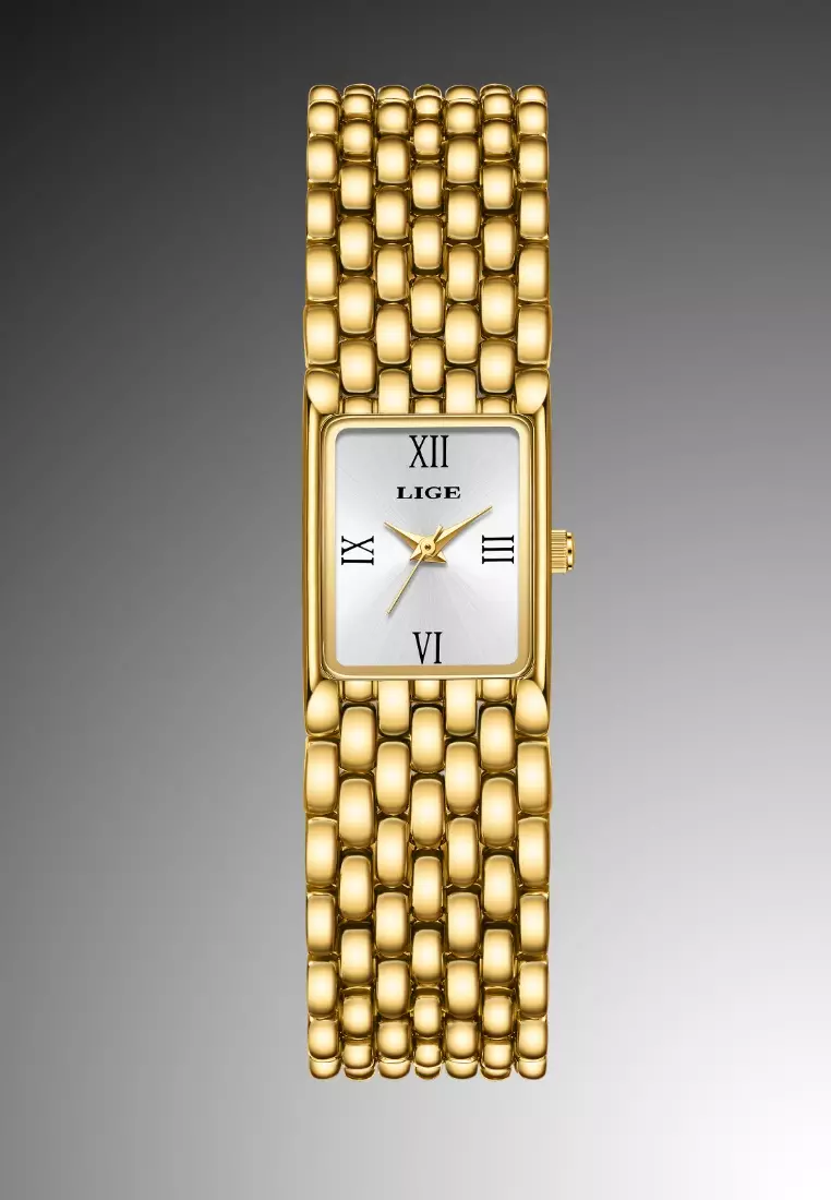 Ladies Rectangular Quartz Watch, 29X20mm, IP Gold Color Stainless Steel, Metal Bracelet