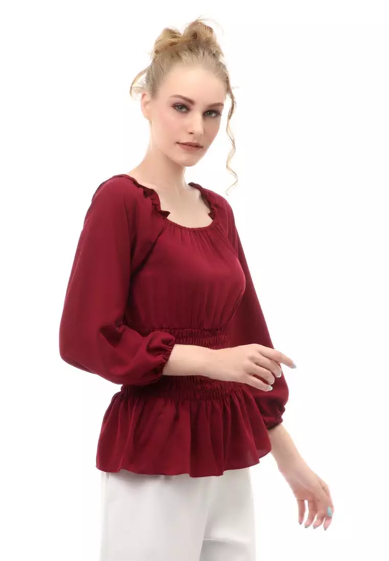 Cheva Blouse Atasan Wanita Sabrina Karet Pinggang Lengan Panjang Casual Shirt Long Sleeve Material Wolfis ORIGINAL