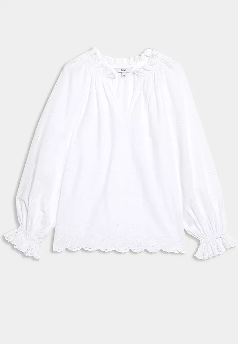Pure Cotton Broderie Frill Detail Blouse
