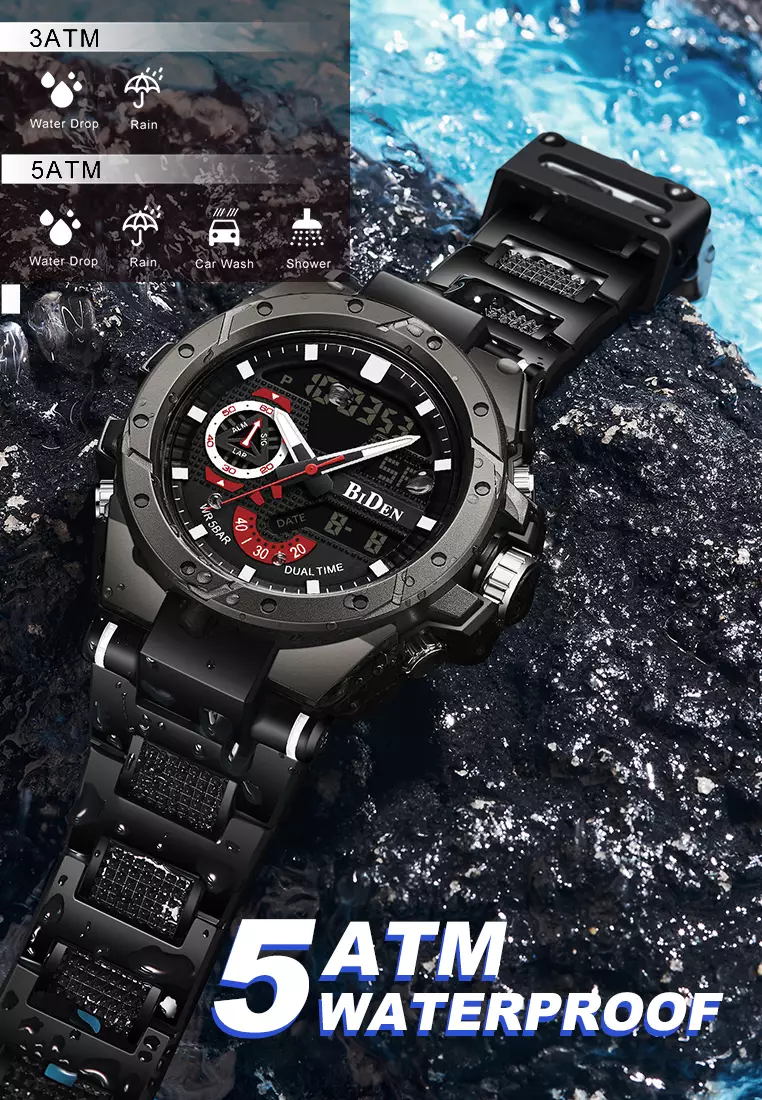 Jam Tangan Pria Anit Air Digital Analog Olahraga Bercahaya Multifungsi Tali Silikon Jam Tangan Cowok Original merah