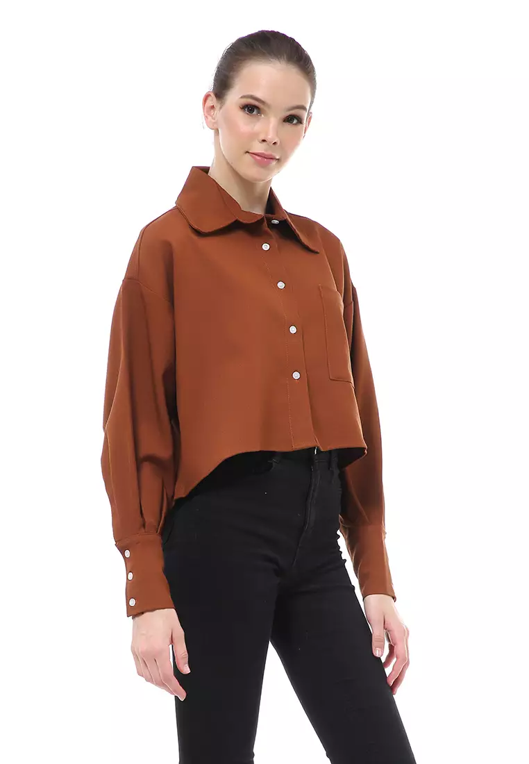 Brielle Atasan Wanita Kemeja Casual Lengan Panjang Oversize Shirt Material Polyester Cationic - Brown