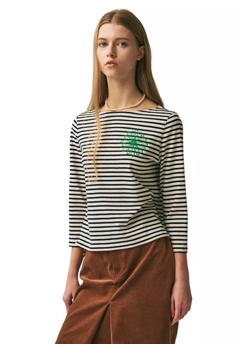 Slim Tshirt 3/4 Sleeve Stripe - Ivory Green