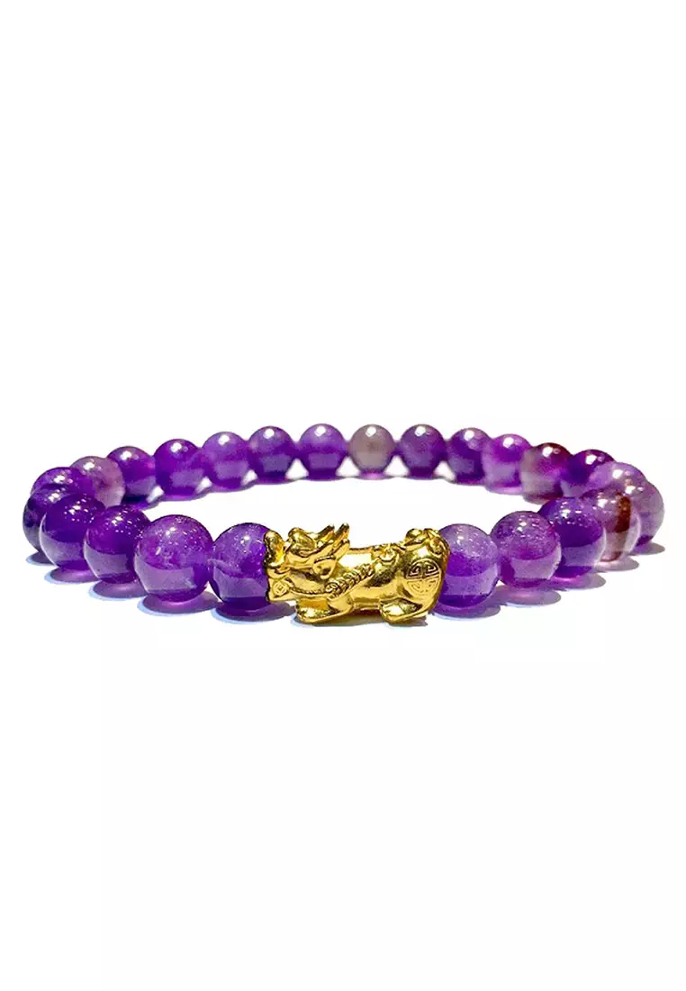 Purple Amethyst Crystal 8mm Beads 24K Premium Gold Plated Pixiu