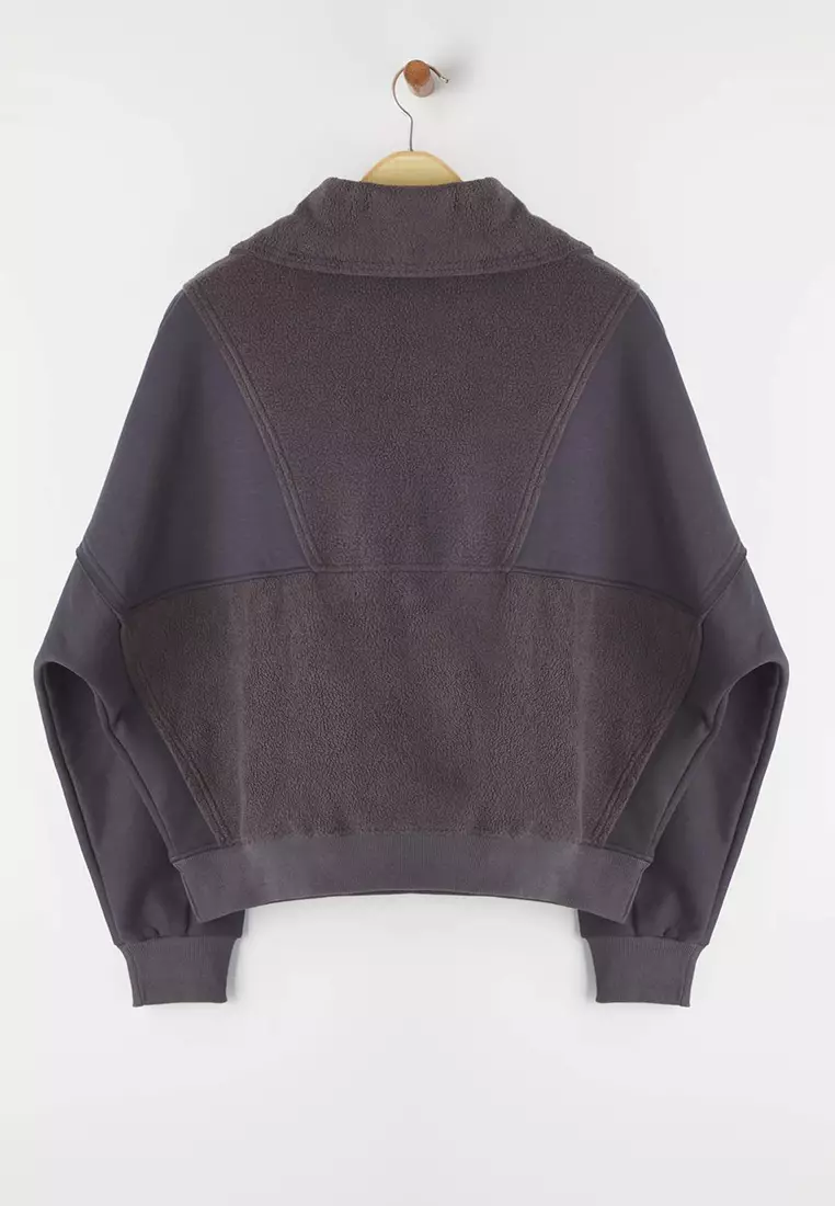 Anthracite Regular/Normal Pattern Polar Fleece Zippered Pocket Detailed Thick Knitted Sweatshirt