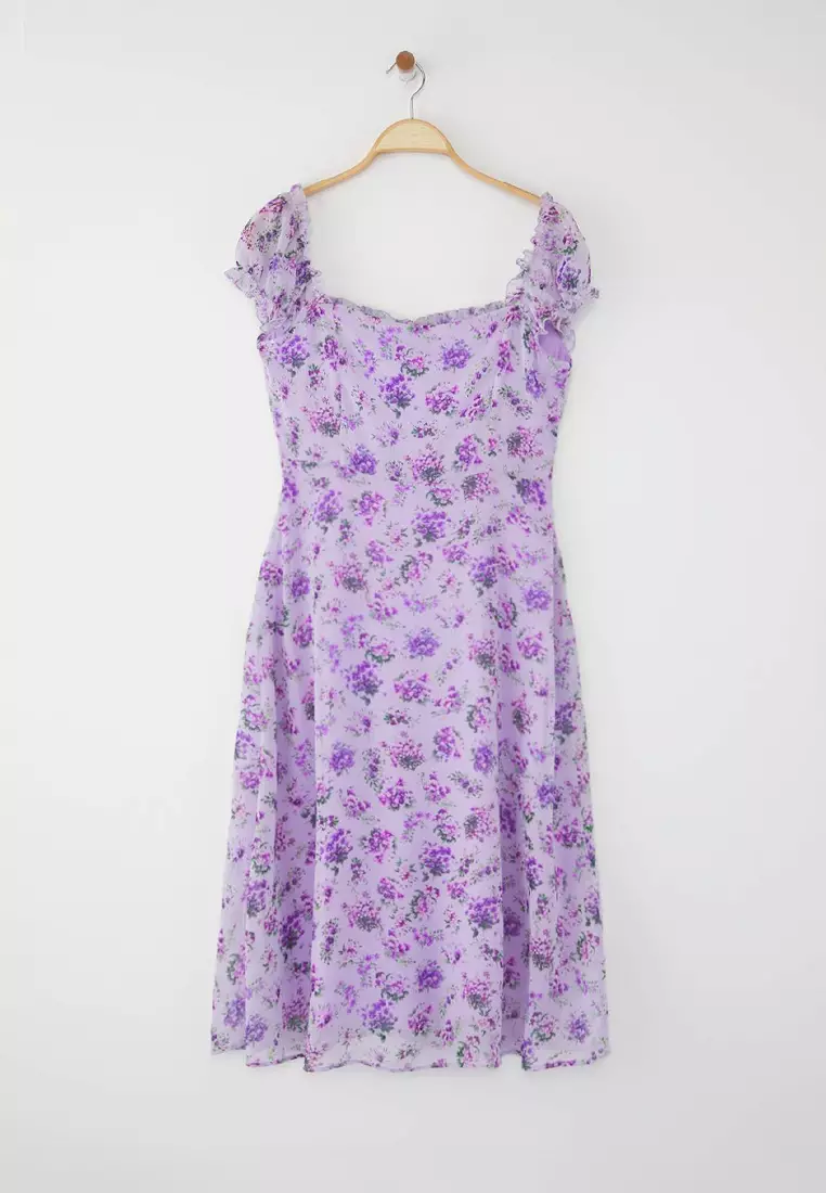 Lilac Floral Midi Lined Chiffon Woven Shirt Dress Twoss25El00563