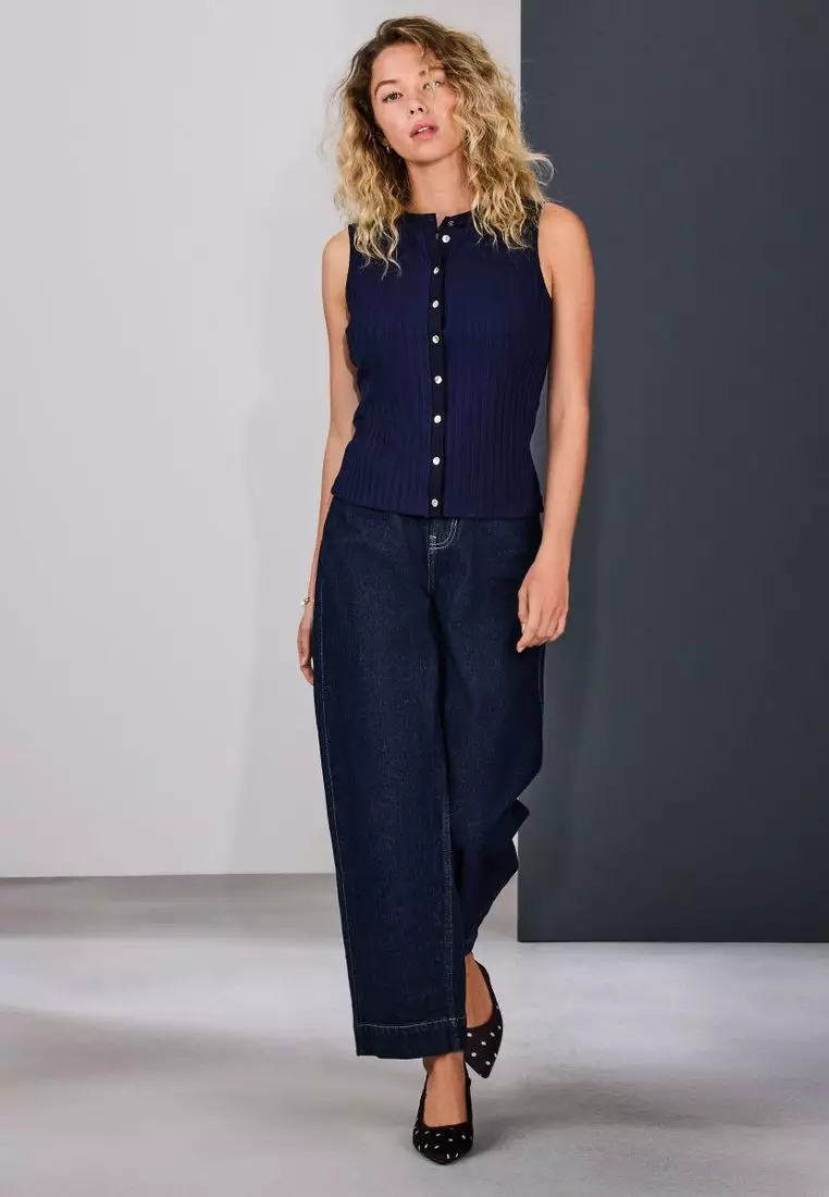 Ribbed Button Through Sleeveless Top