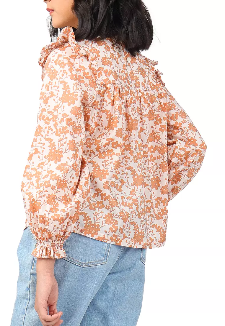 Girls Printed Long Sleeves Top With Diamond Smocked Yoke
