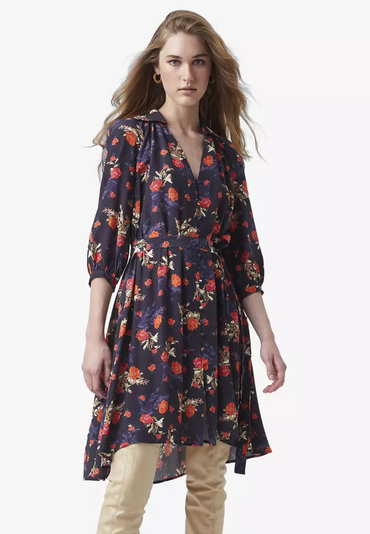 French Connection belted midi dress with balloon sleeves in rose