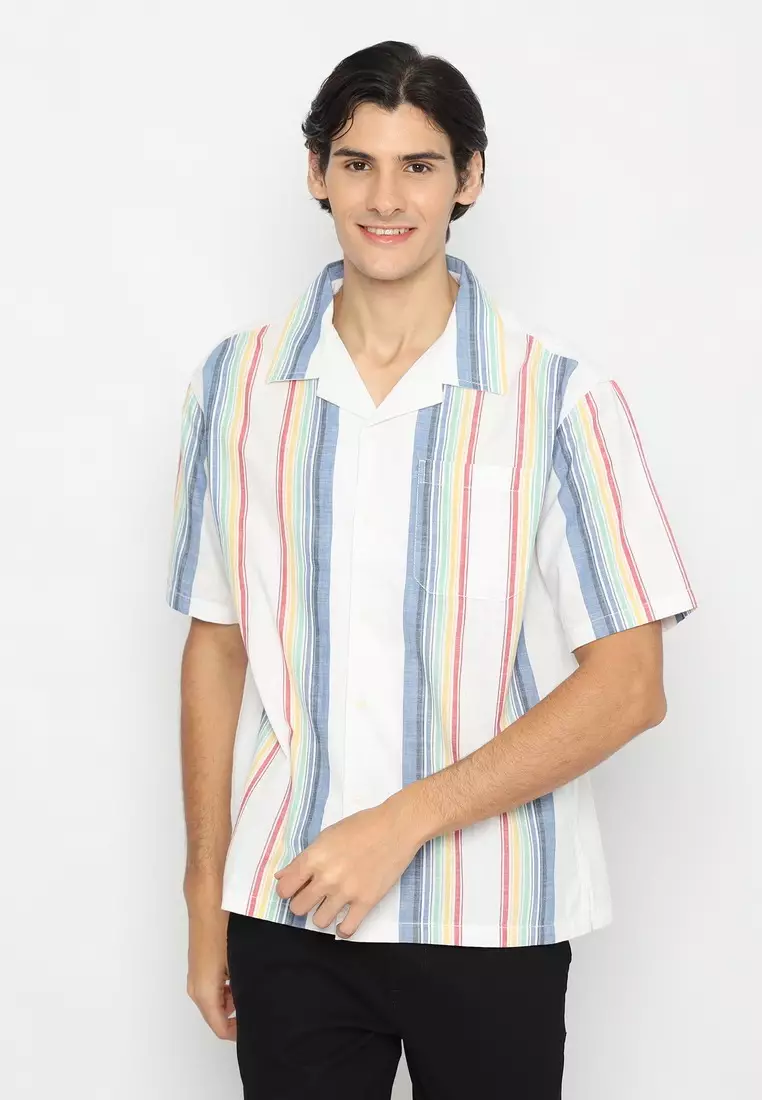 RBJ Kemeja Salur Linen Krah Hawaii Putih Biru Regular Fit Pria