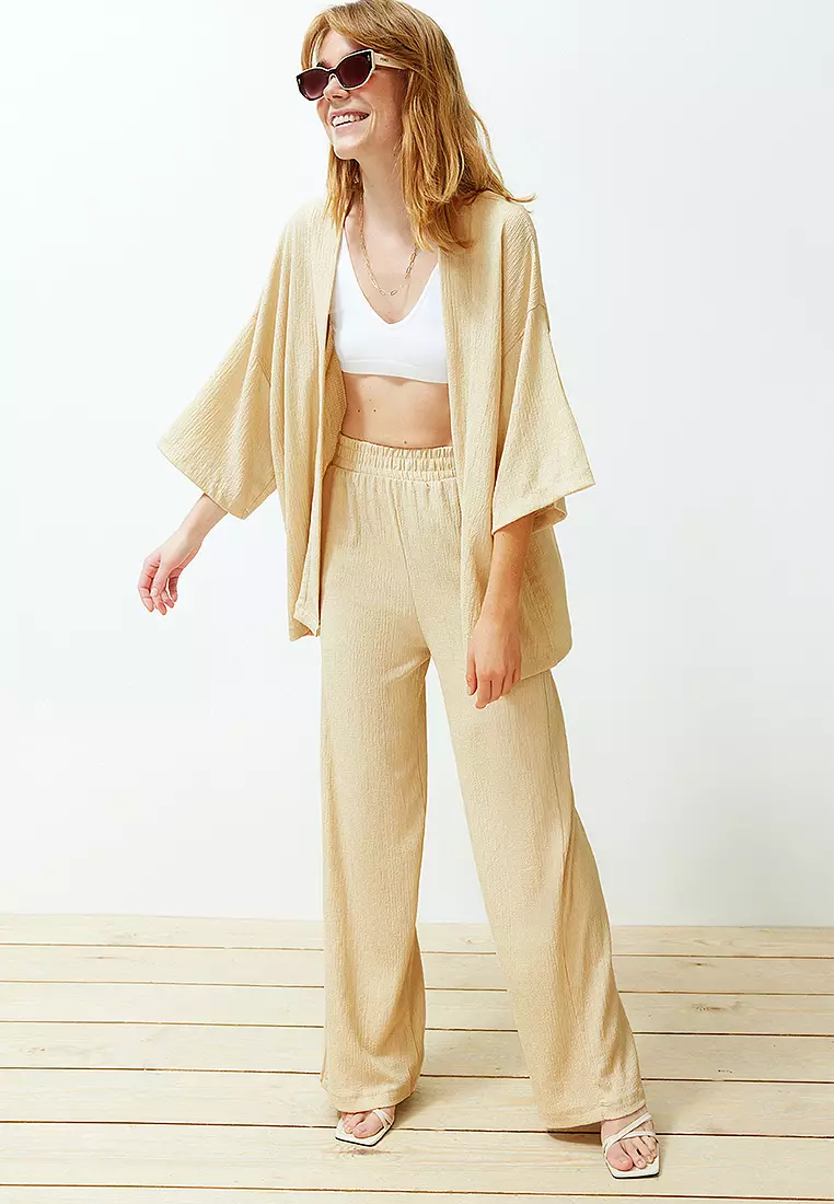 Stone Relaxed/Comfortable Cut Knitted Kimona Trousers Top-Bottom Set
