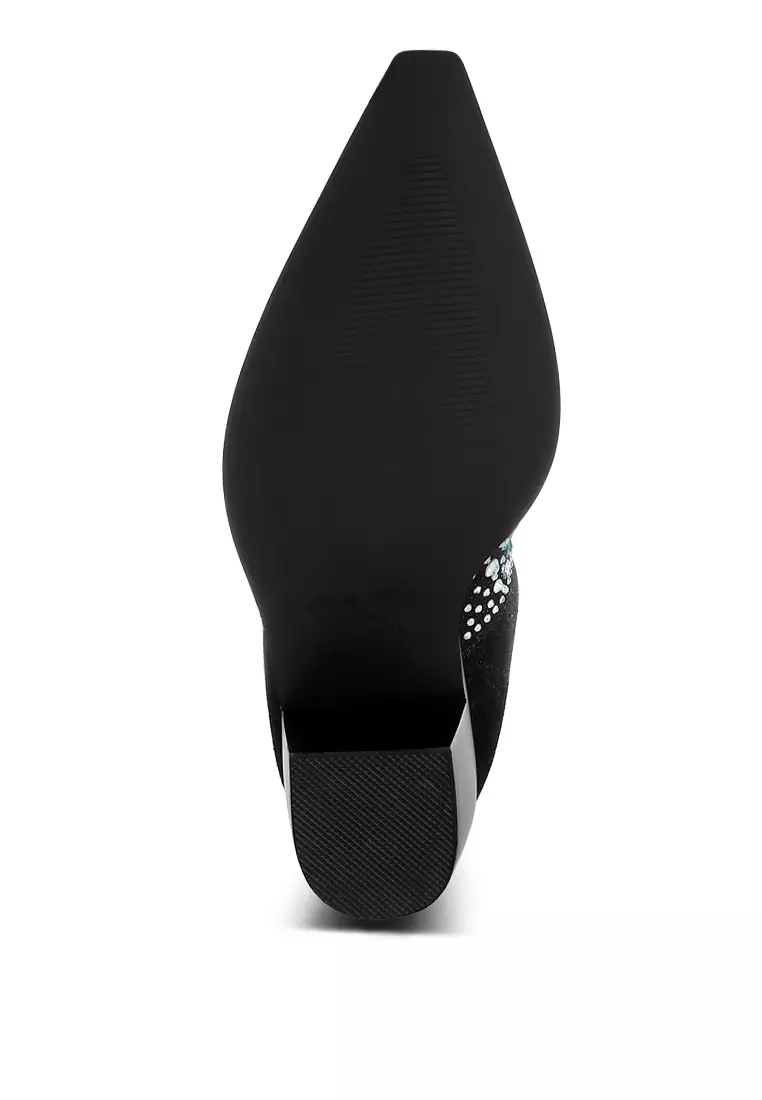 Multi Color Stones Embellished Boots in Black