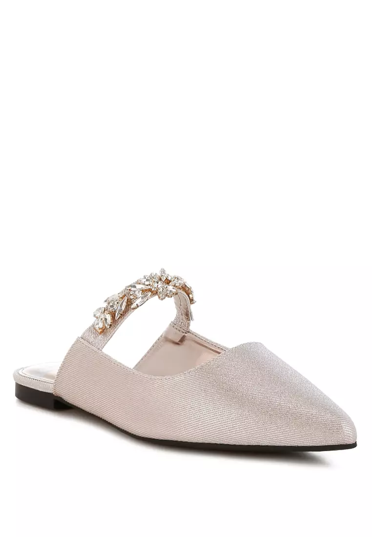 Diamante Strap Glitter Mules in Beige
