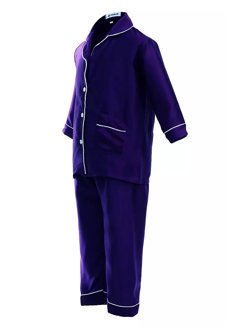 Joyce Piyama Anak Unisex Lengan Panjang Kids Pajamas Motif Polos Material Satin ORIGINAL - Navy