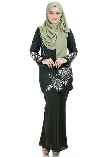 Edwina Kurung with Digital Flower Print from Ashura in green and Multi