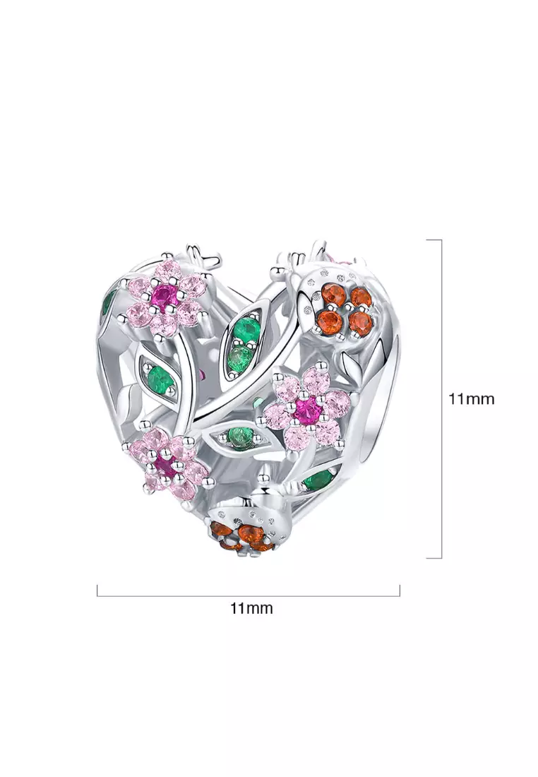 Solid 925 Sterling Silver Heart Colourful Floral Flower Charm
