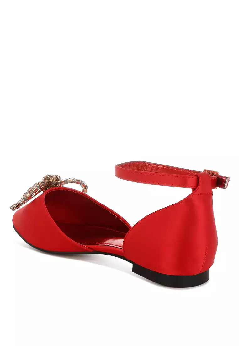 Rhinestone Detail Bow Flat Sandals in Red
