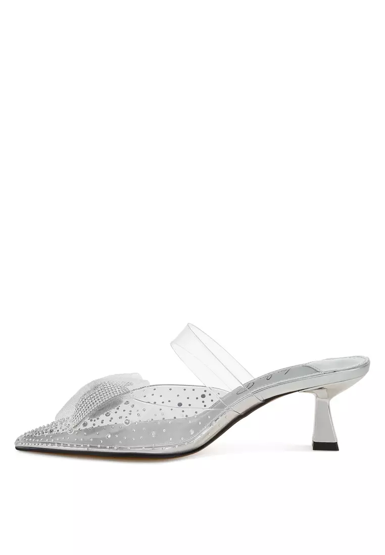 Sepatu Hak Kucing Busur Berhias Warna Perak