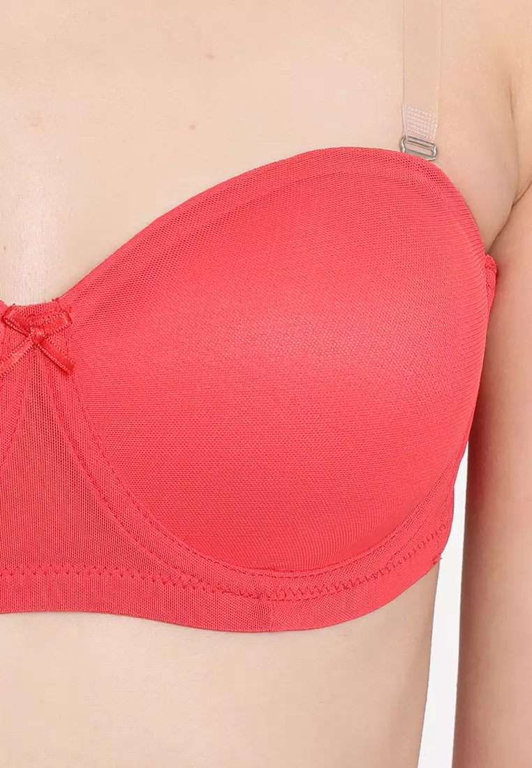 Clovia Invisi Padded Underwired Full Cup Strapless Balconette Bra in Red with Transparent Straps & Band