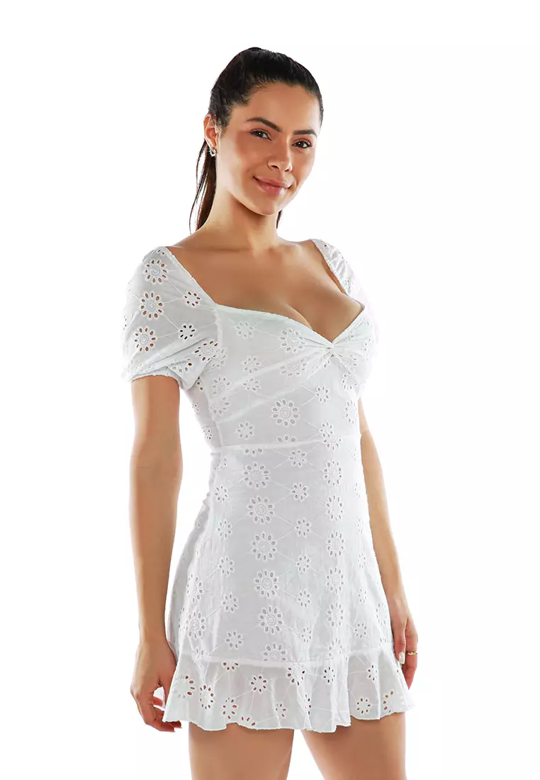 Buy London Rag White Schiffli Sweetheart Short Dress 2024 Online