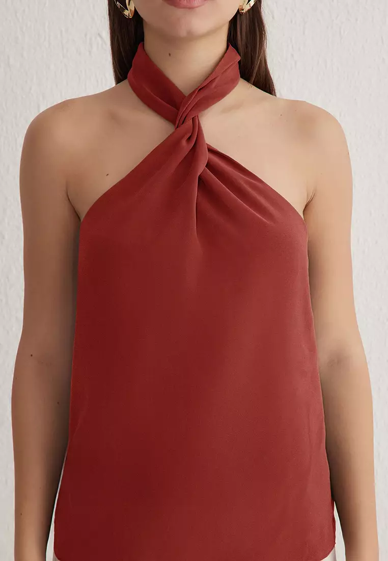 Tile Modal Halter Neckline Knotting Woven Blouse Twoss25Bz00247