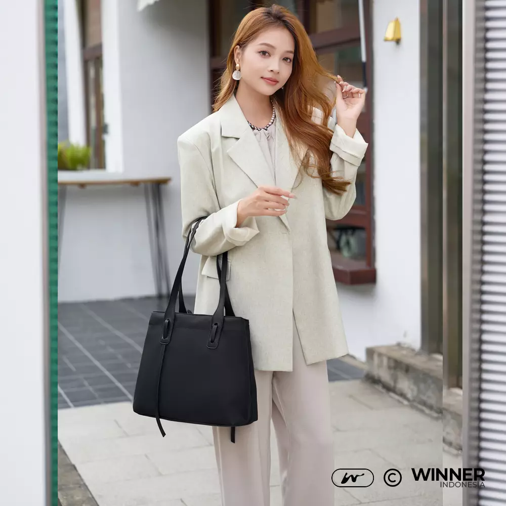 Tas Laptop 14 inch Bahu Nilon Oxford Wanita Korean Style Tote Bag Anti Air (T14-T10-002) - Hitam 14 inch