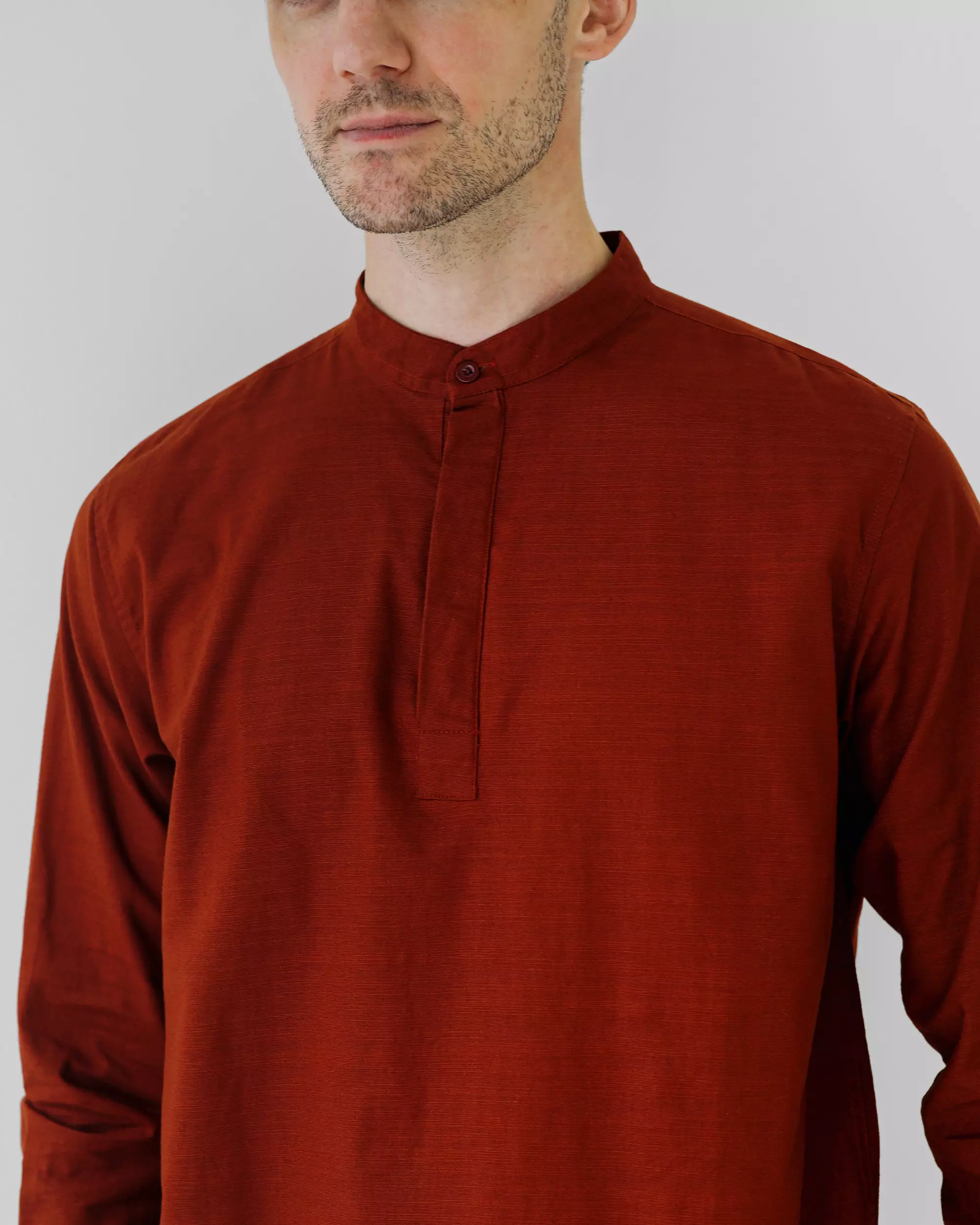 Cotton Well Oman Henley Shirt Teracotta │Kemeja Koko Basic Lengan Panjang Coklat Bata