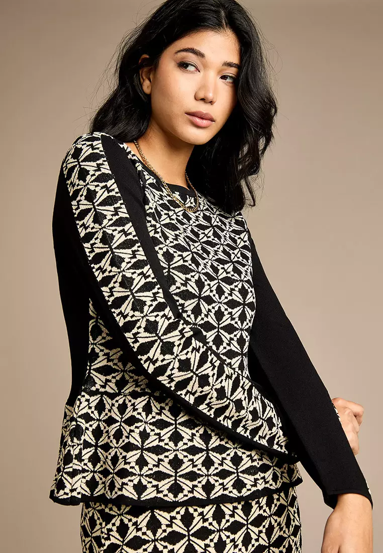 Kathy Black and Cream Jacquard Knit Top