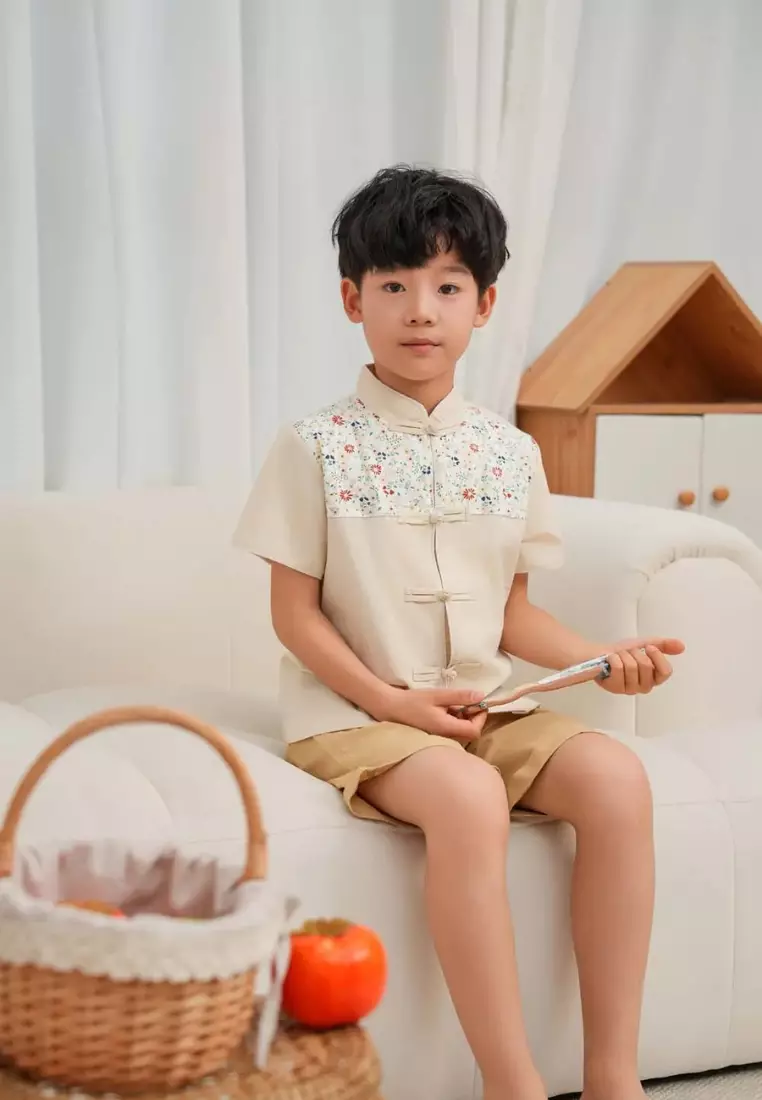 Blossom Harmony Collection Baby Kids Boys Beige Cheongsam Set Little Flower Prints Top n Shorts CNY Chinese New Year Outfit 0819