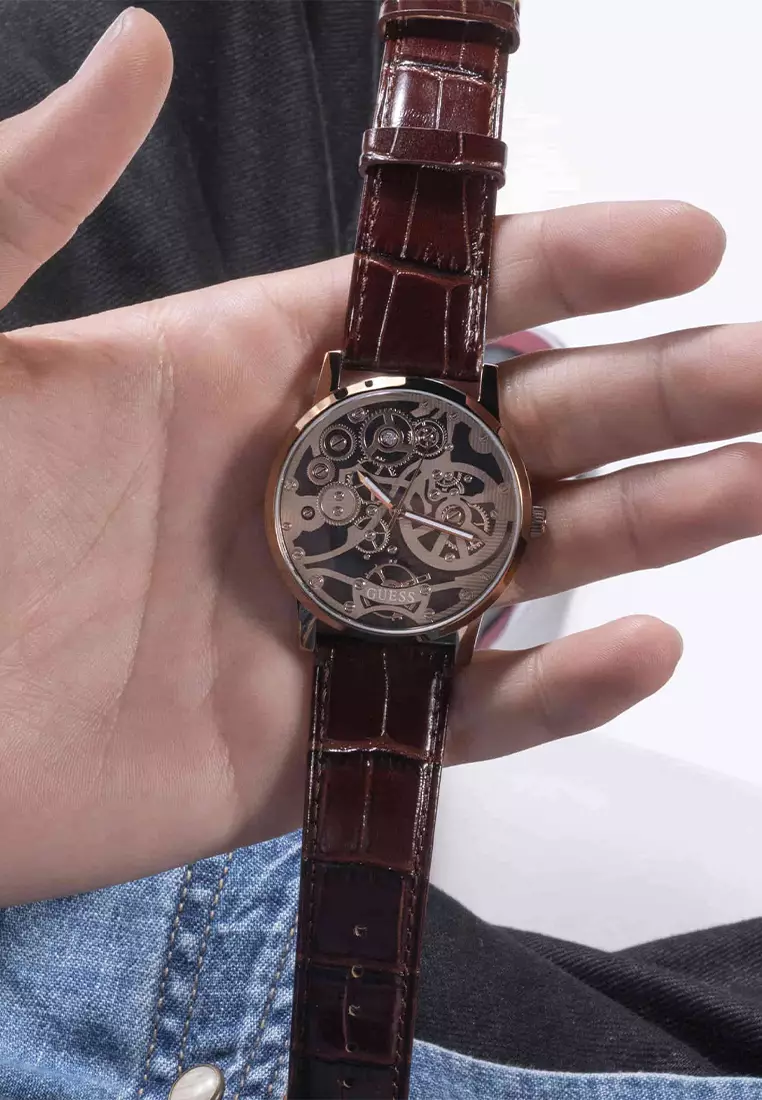 Guess GW0570G2 - Jam Tangan Analog Pria - Rosegold Stainless Steel Case - Brown Leather Strap