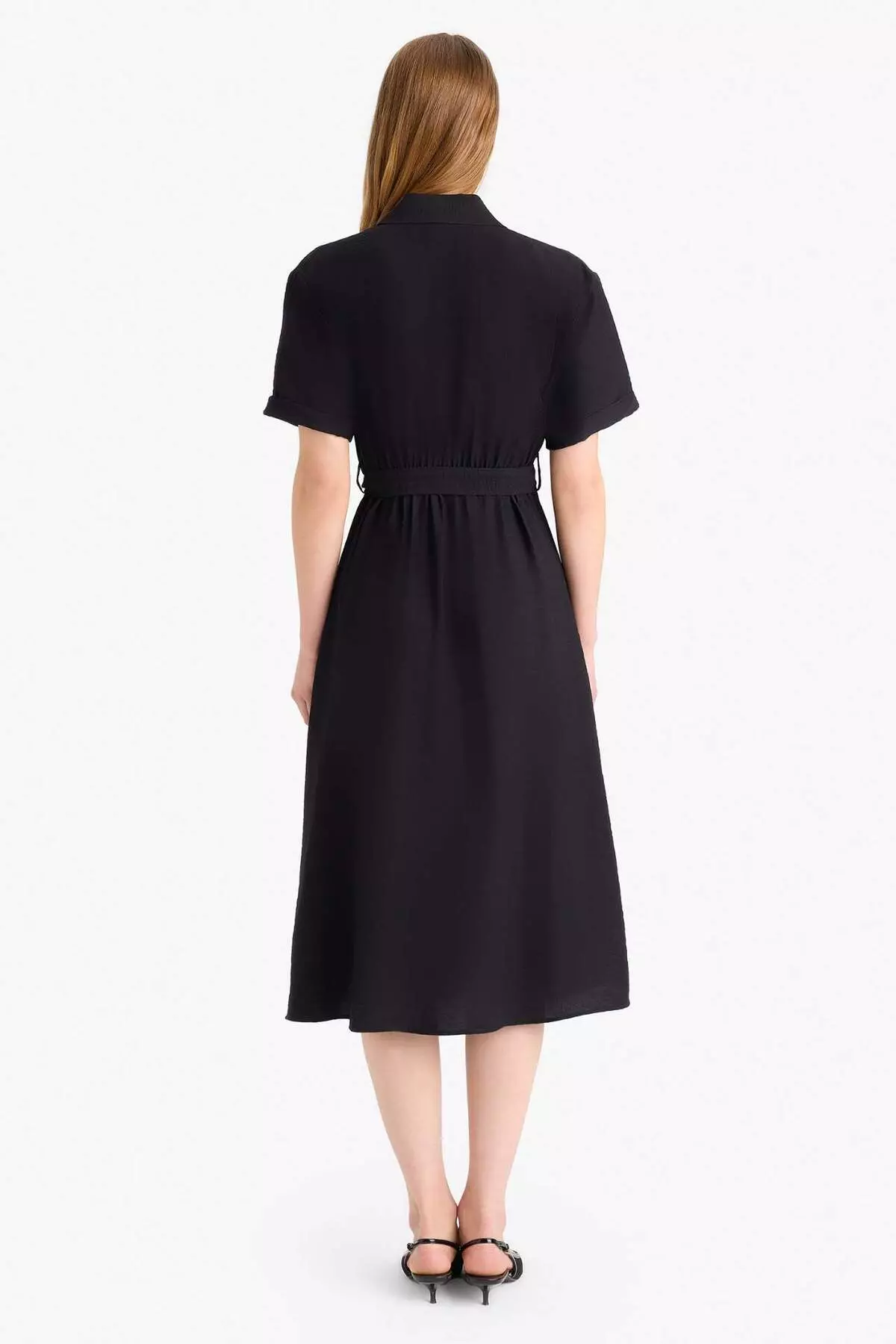 Shirt Collar Belted Short Sleeve Midi Black Summer Dress F2113Ax25Sm