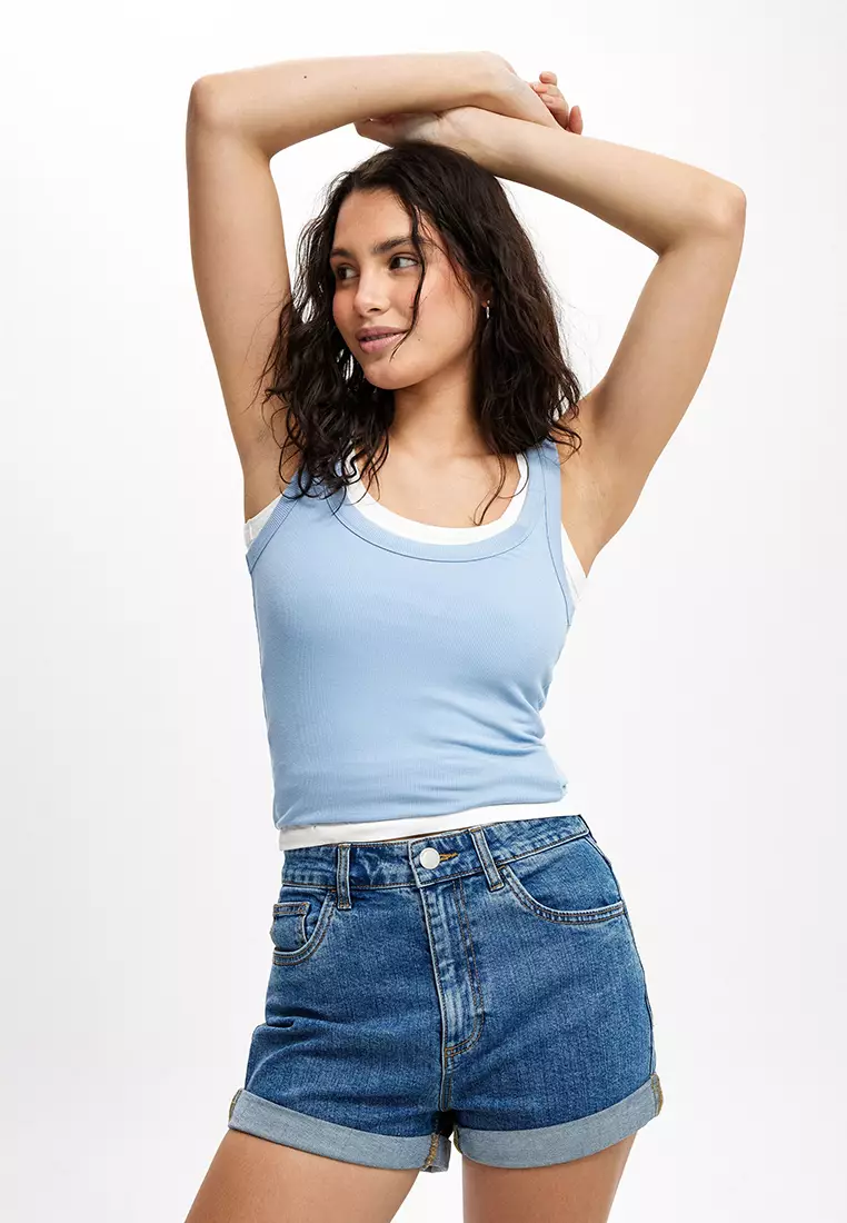 High rise stretch denim shorts clearance