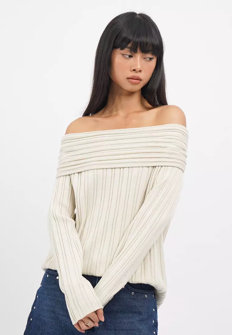 Off Shoulder Long Sleeve Knit Top