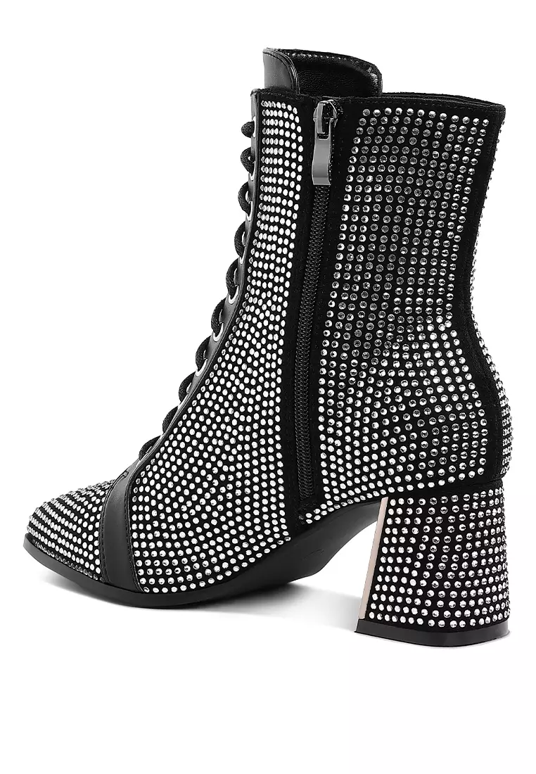 Sepatu Bot Pergelangan Kaki Berhias Berlian Imitasi Warna Hitam