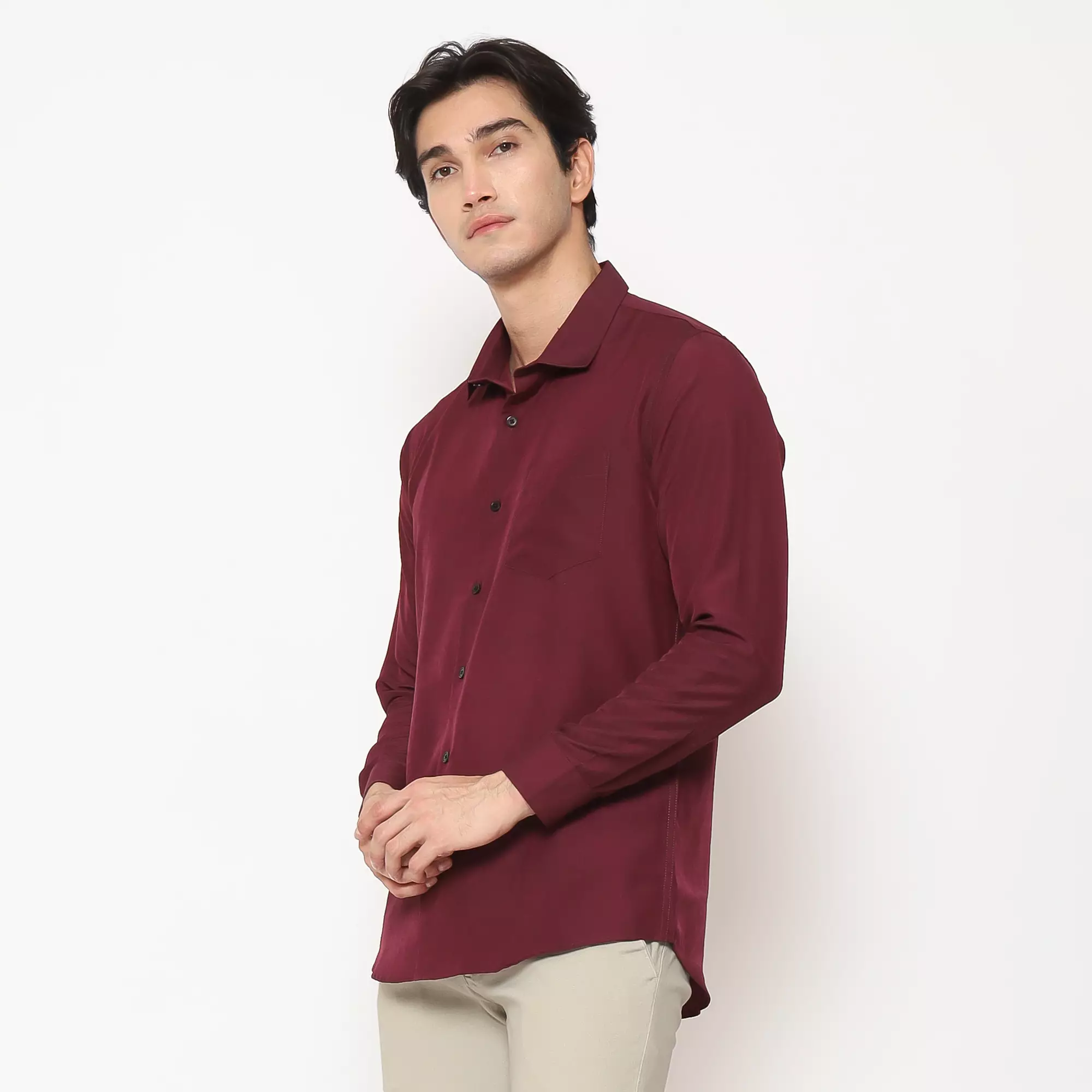 MAGINOT Kemeja Pria Basic Polos Panjang WINE