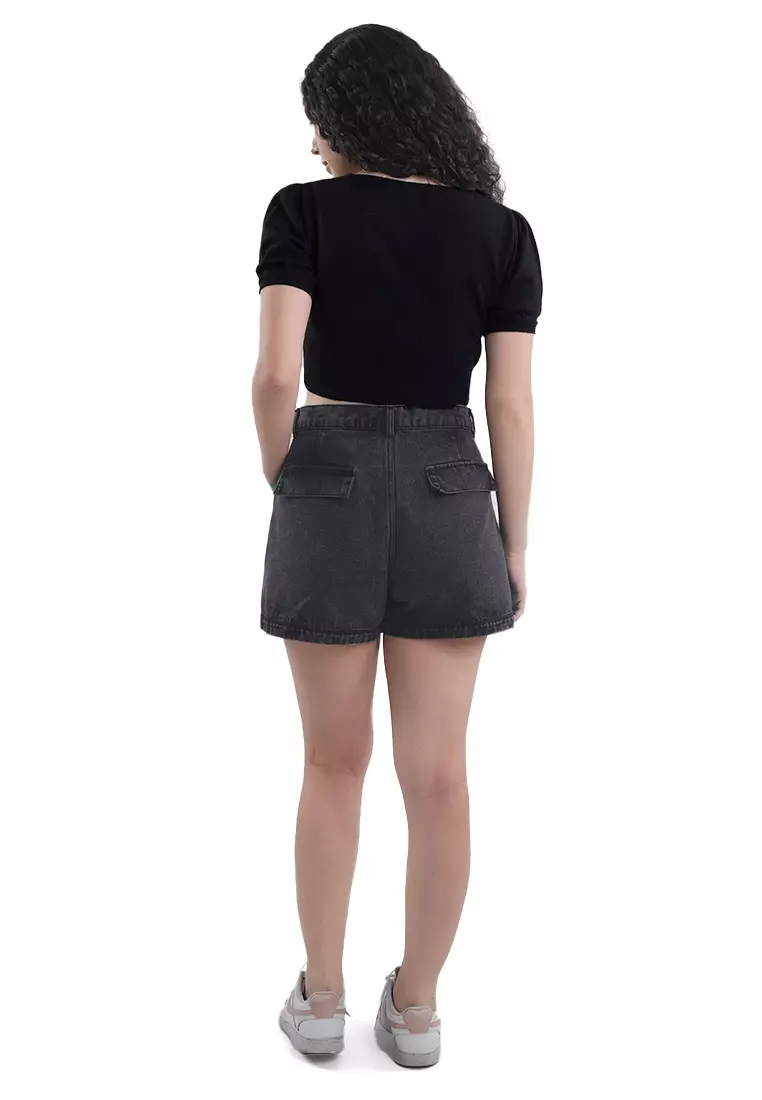 Button Front High Waist Acid Wash Denim Shorts