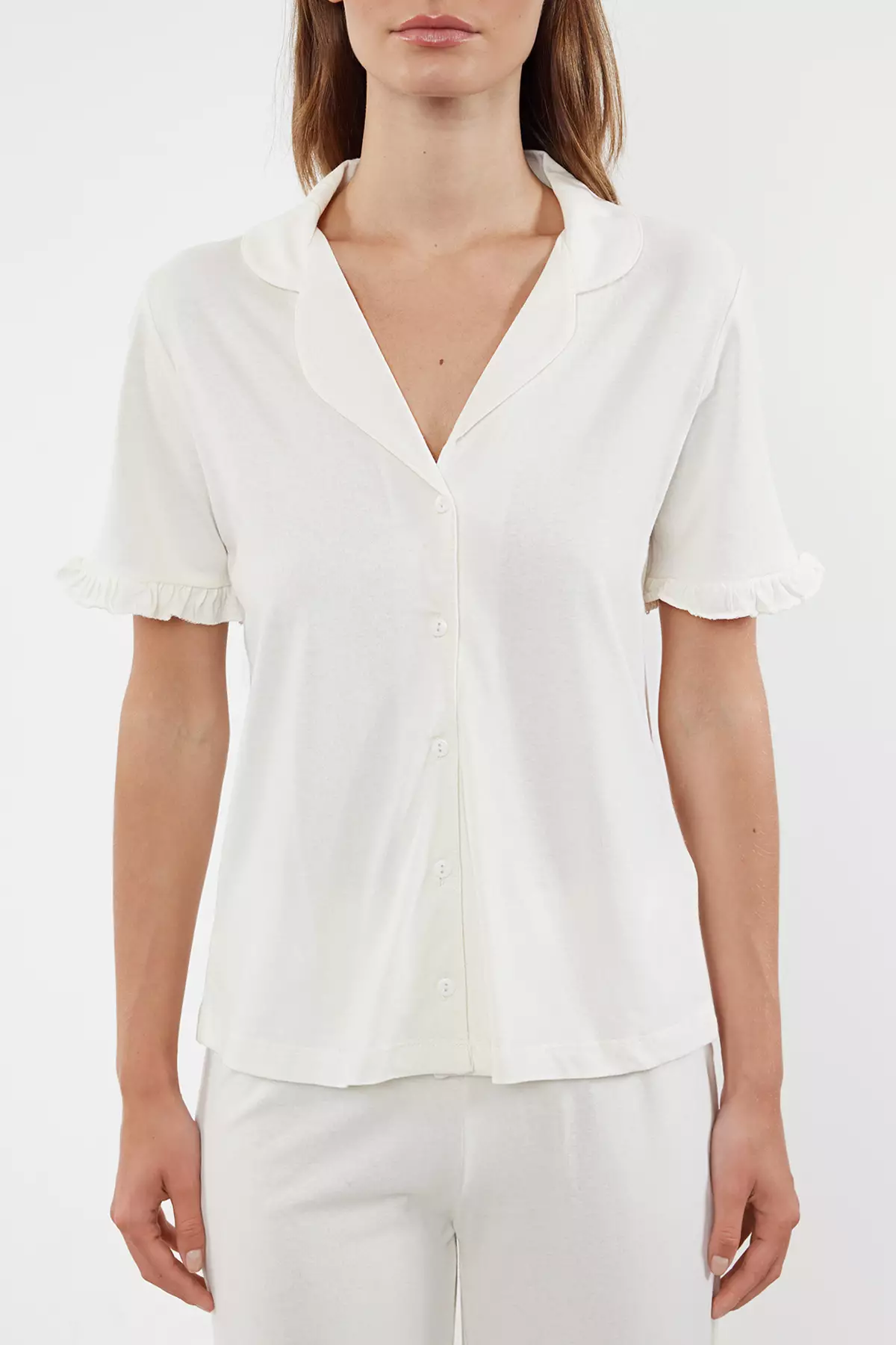 White 100% Cotton Ruffle Detailed Knitted Pajama Set THMSS24PT00223