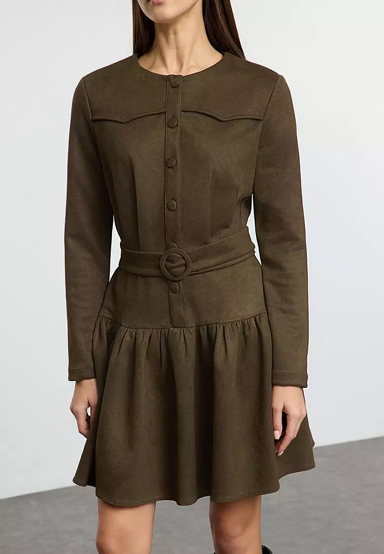 Khaki Arched Plain Short / Mini Woven Dress Twoaw25El00252
