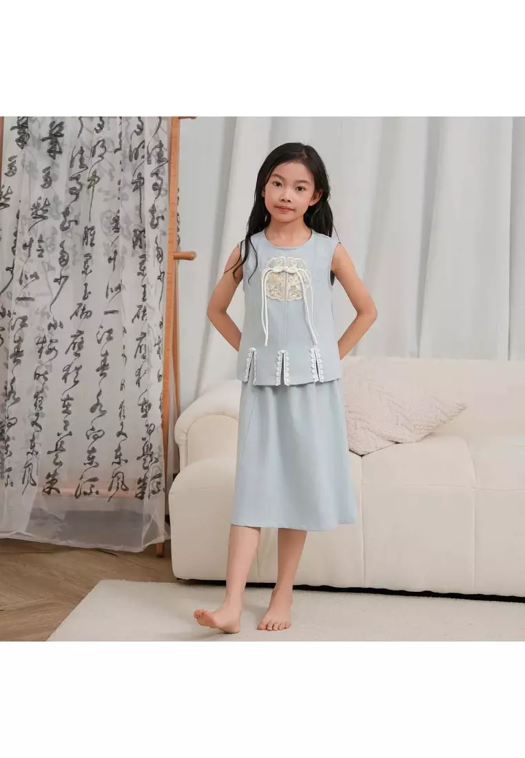 活力智慧藍色親子裝女嬰兒兒童唐裝漢服上衣與裙子套裝0842