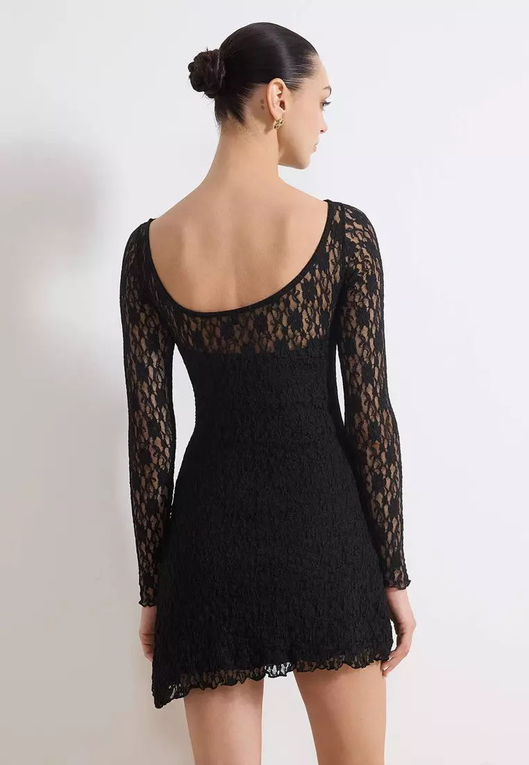 Black Backless Asymmetrical Detail Mini/Short Lace Stretchy Knitted Dress Twoss25El93