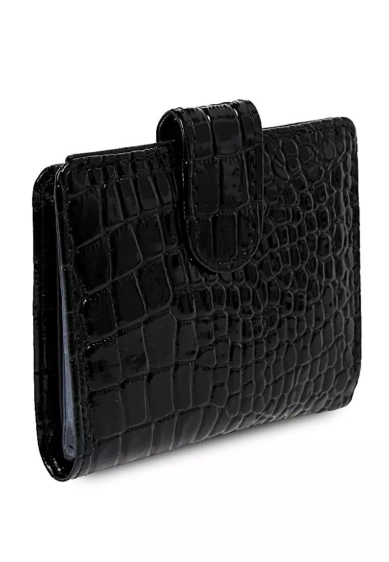 Dompet Kartu Motif Croco Detail Snap Kancing Card Wallet Wanita - Hitam