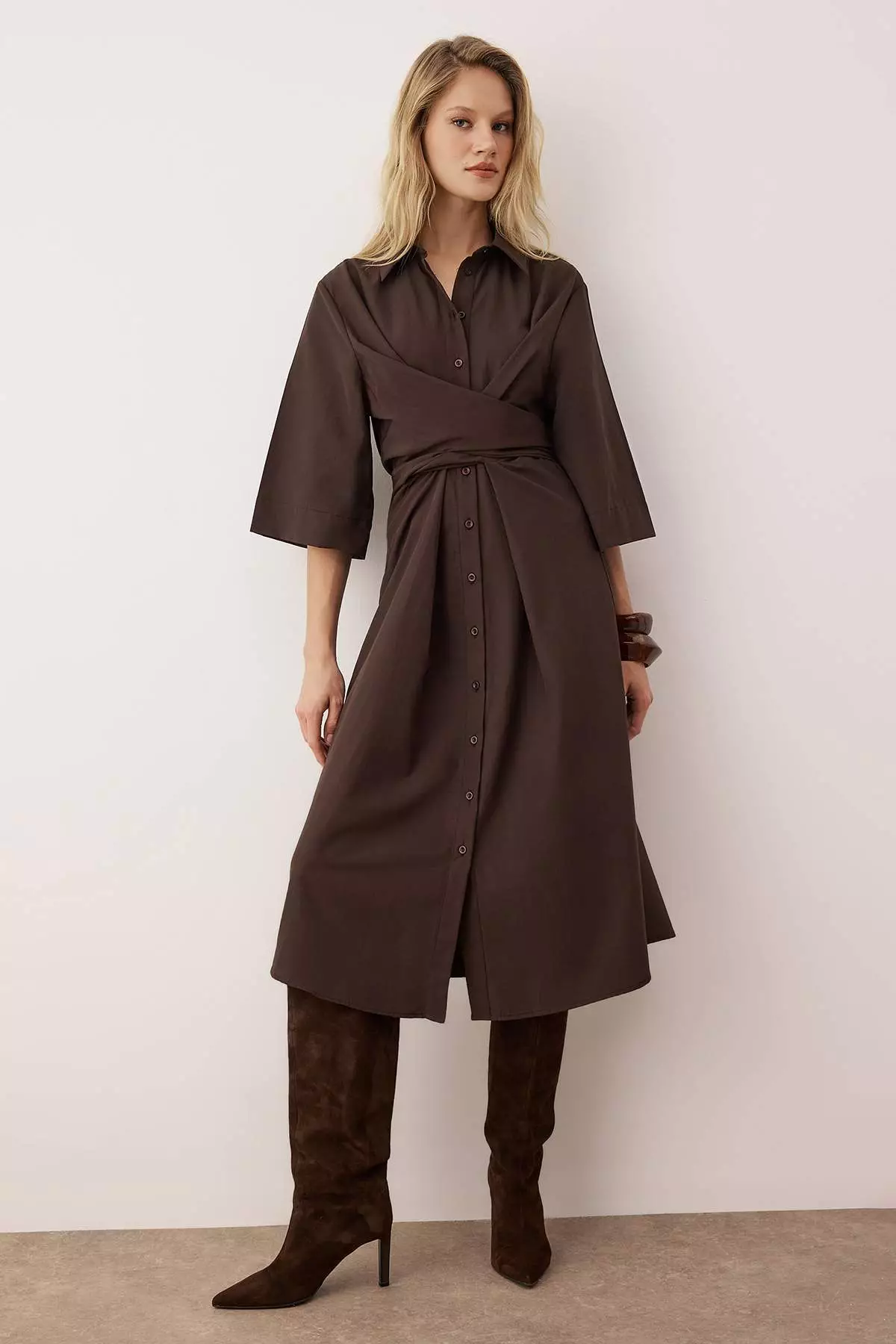Body Unselective Dark Brown Waist Belt Detailed Woven Dress Twoaw26El243