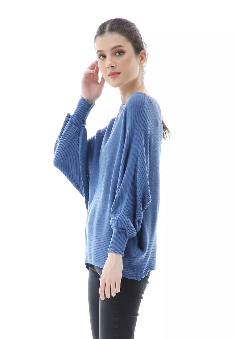 Eveline Sweater Rajut Batwing Atasan Wanita Motif Polos High Quality - Denim