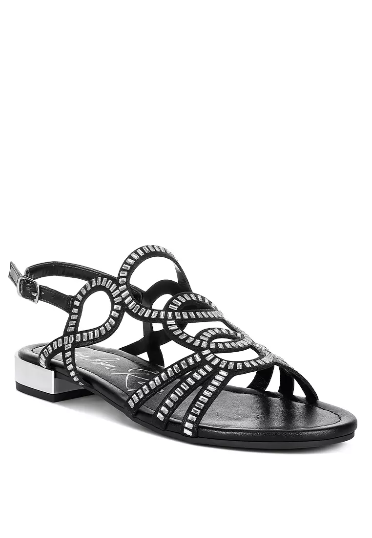 Sandal Datar Berlian Imitasi Detail Potongan Warna Hitam