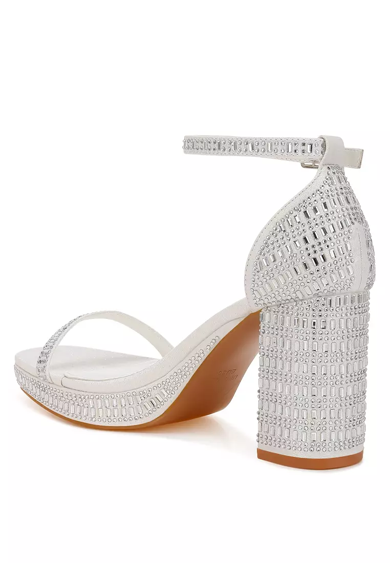 Sandal Blok Berhias Berlian Imitasi Warna Putih