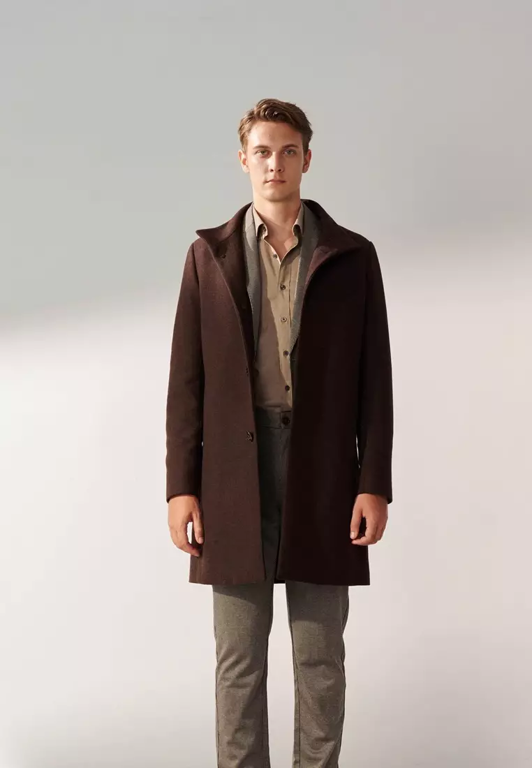 棕色假兩件立領大衣
