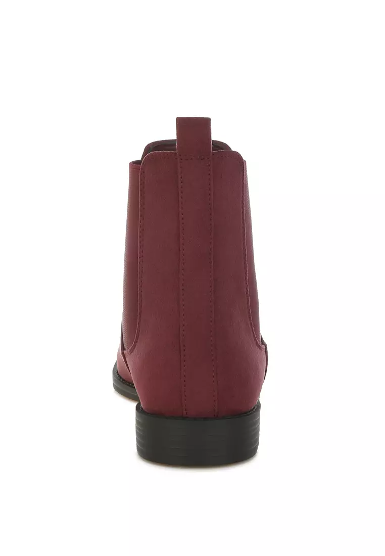 Sepatu bot Chelsea hak blok rendah warna Burgundy