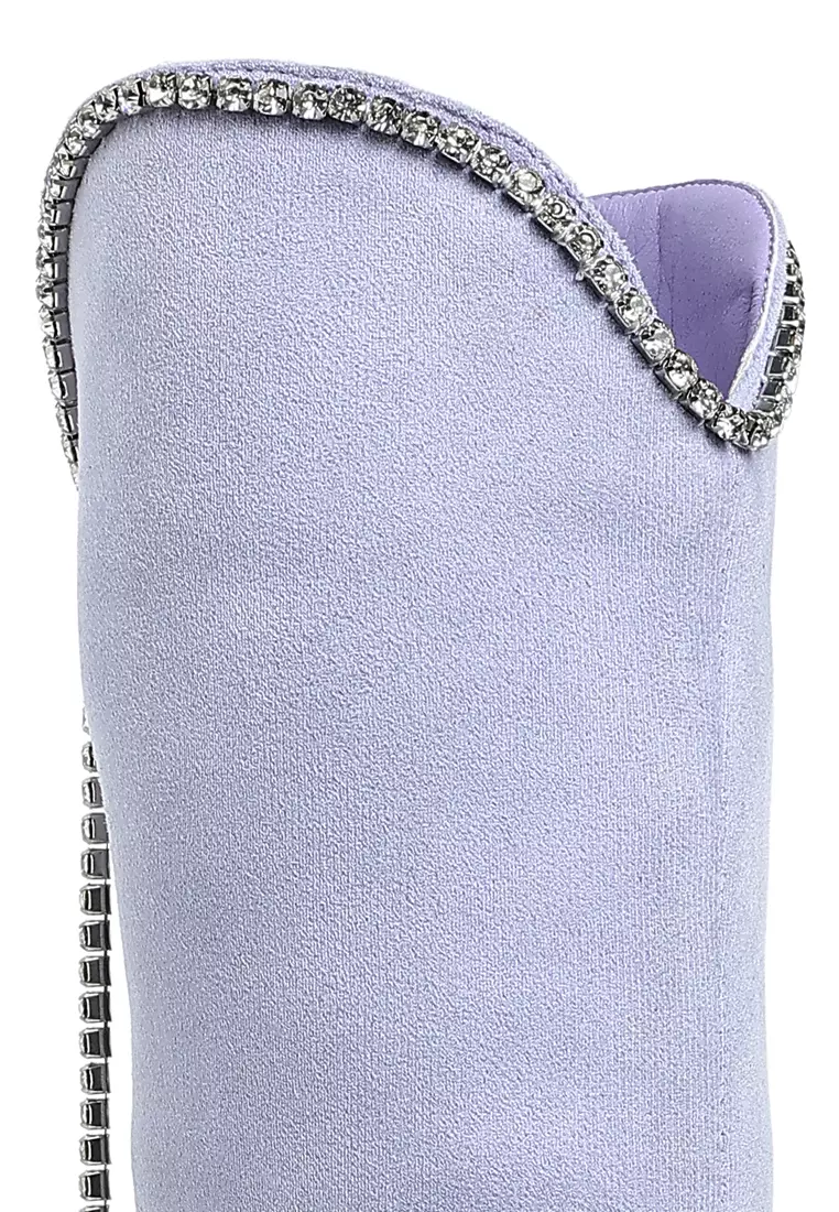 Diamante Chain Detail Calf Boots in Lilac