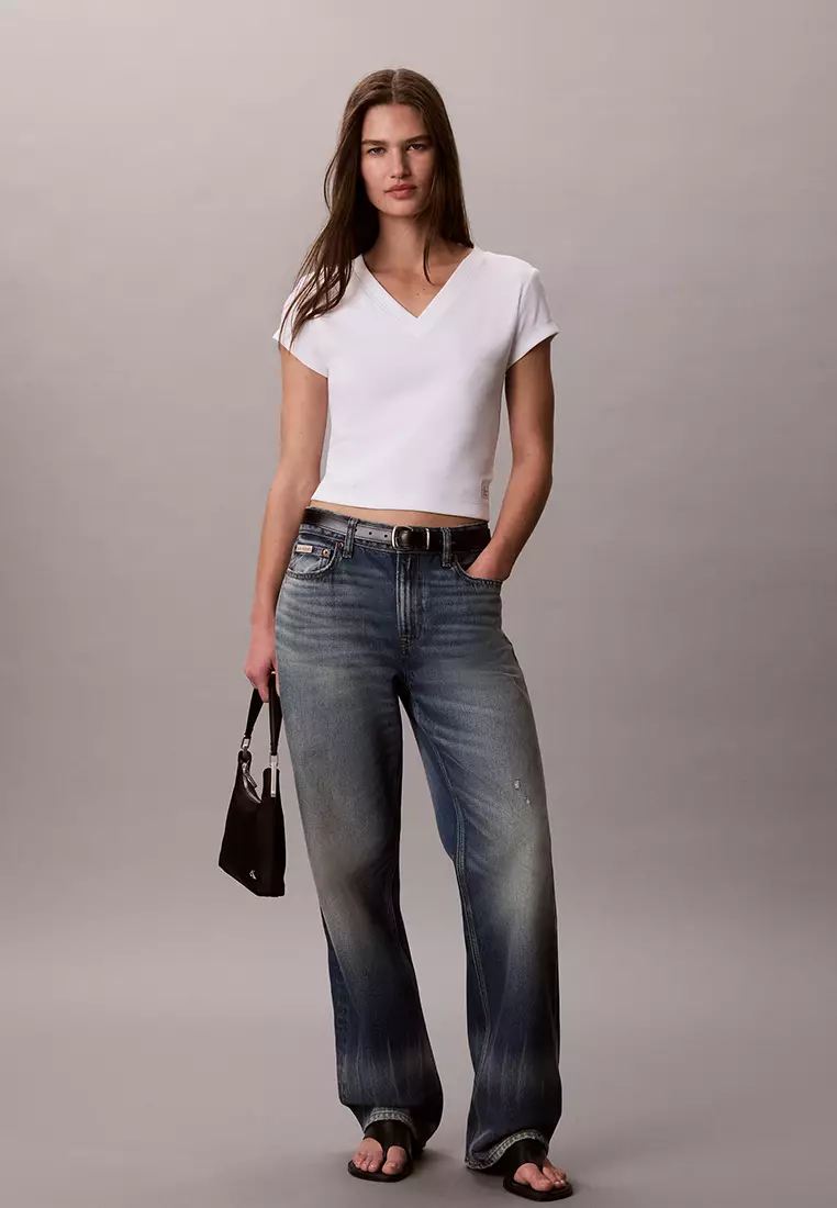 Slim Ribbed Cotton V-Neck T-Shirt - Calvin Klein Jeans