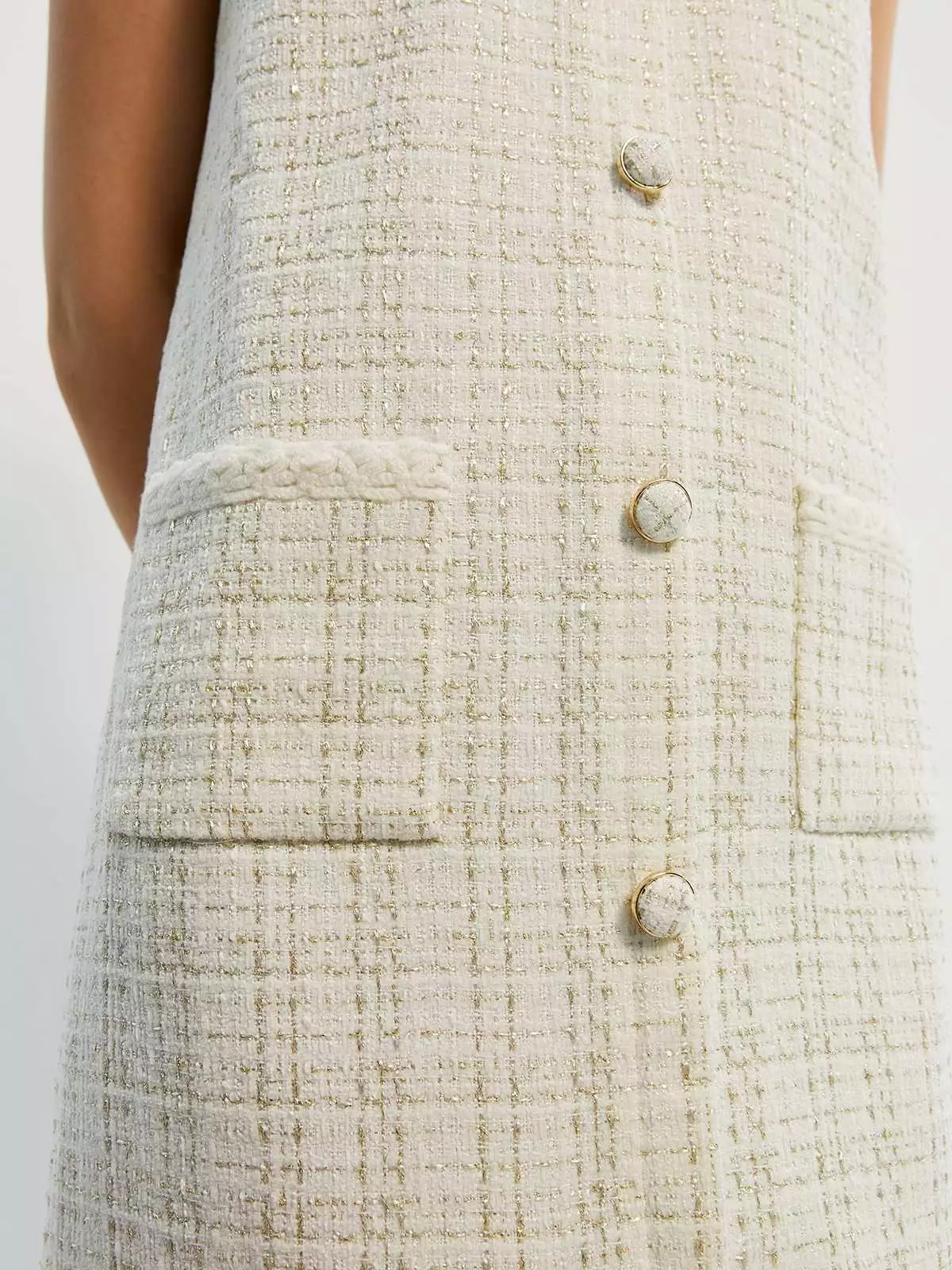 Tweed Sleeveless Button Mini Dress - Cream